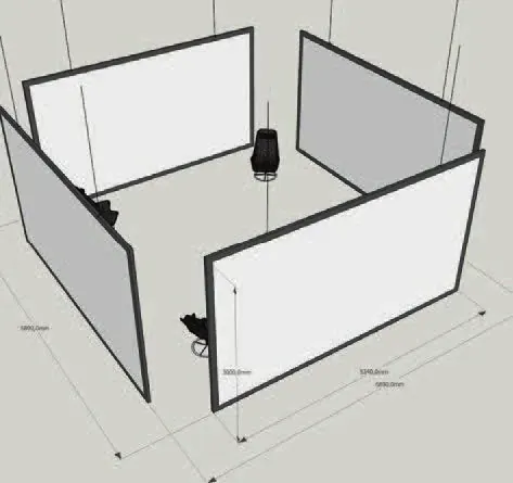 Construction drawing for a Cine4Health prototype: an isometric view of a mobile four-screen screening room with a seat at its centre