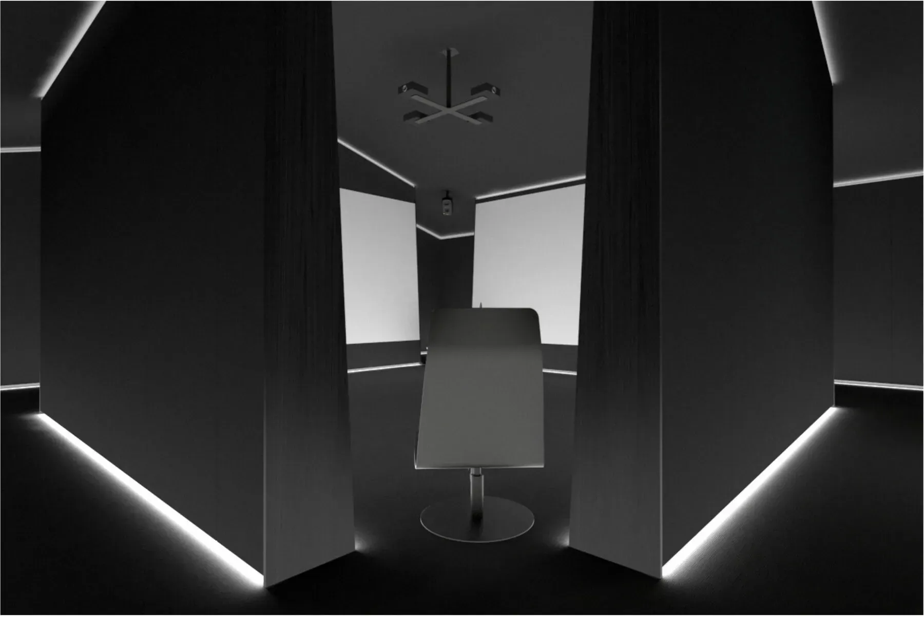 Rendering of the interior: four screens standing free of the walls to enclose a single seat, with light spilling along the floor line