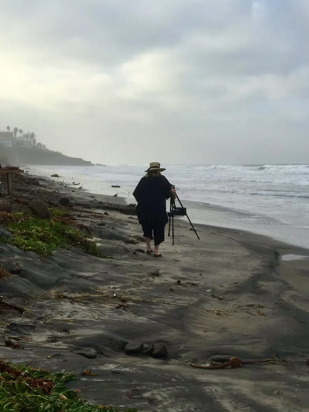 Kirsi Nevanti on a beach, seen from behind, carrying a camera on a tripod under an overcast sky